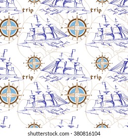 boat seamless pattern sea ship wind rose