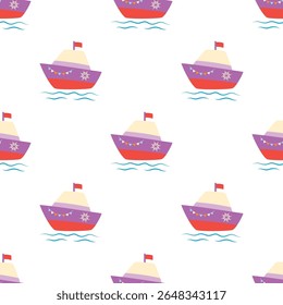 boat seamless pattern, vector illustration in flat style, pattern for fabric, baby clothes, background, textile, wrapping paper and other decoration