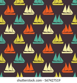 Boat seamless pattern. Vector illustration for nautical design. Bright yacht, ship, sailboat transport pattern. Marine sea wallpaper background. Cartoon silhouette shape wrapping pattern