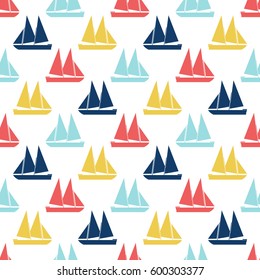 Boat seamless pattern. Vector illustration for nautical design. Bright yacht, ship, sailboat transport pattern. Marine sea wallpaper background. Cartoon silhouette shape wrapping pattern