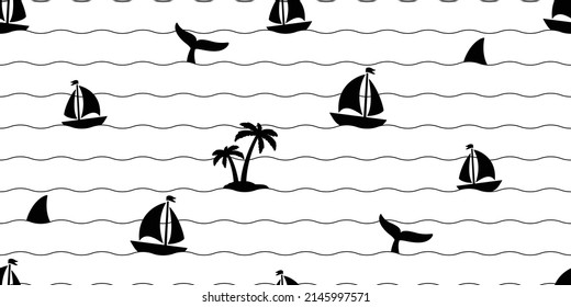 boat seamless pattern vector wave palm tree coconut island shark Anchor helm pirate isle maritime Nautical sea ocean scarf isolated repeat wallpaper tile background gift wrapping paper doodle illustra