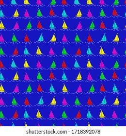 A boat. Seamless vector pattern with multi-colored boat icons on a blue background. Marine seamless