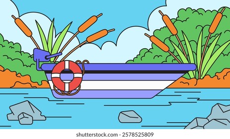 Boat in a serene swamp water setting with cattails cartoon illustration hand drawn in retro style perfect for nature themed projects