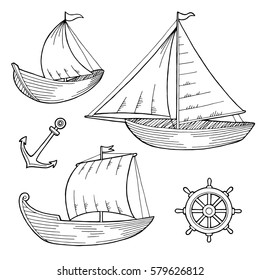 Boat set graphic black white sketch illustration vector