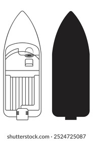 Um barco e sua sombra em vista superior. Ilustração em formato preto e branco e vetorial.