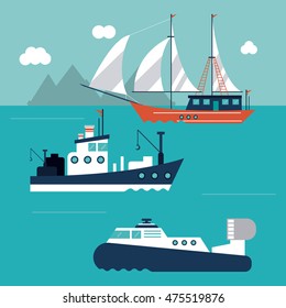 boat ship clouds sea ocen transportation icon. Colorful and flat design. Blue background. Vector illustration