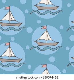 Boat or ship with flag in blue circle and dot seamless pattern. Can be used for printing on fabric, for wrapping paper and for the background of the site.