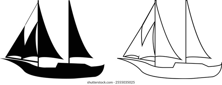 Boat and ship icon set isolated on transparent background. Thin line and flat style stock vector collection. Artwork of cruise brig, sailboat yacht ferry trawler speedboat jet for water transportation