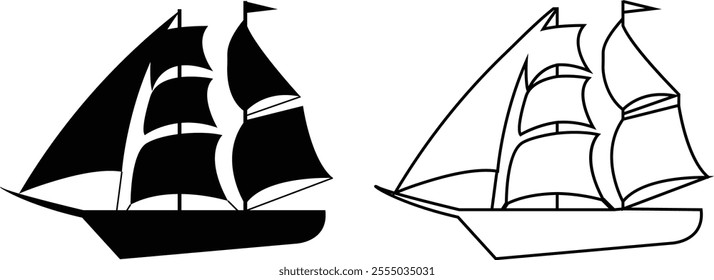 Boat and ship icon set isolated on transparent background. Thin line and flat style stock vector collection. Artwork of cruise brig, sailboat yacht ferry trawler speedboat jet for water transportation