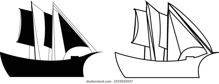 Boat and ship icon set isolated on transparent background. Thin line and flat style stock vector collection. Artwork of cruise brig, sailboat yacht ferry trawler speedboat jet for water transportation