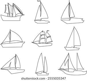 Boat and ship icon set isolated on transparent background. Thin line style stock vector collection. Artwork of cruise brig, sailboat yacht ferry trawler speedboat jet for water transportation