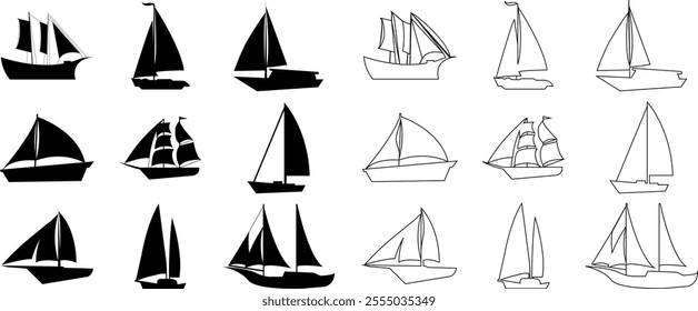 Boat and ship icon set isolated on transparent background. Thin line and flat style stock vector collection. Artwork of cruise brig, sailboat yacht ferry trawler speedboat jet for water transportation