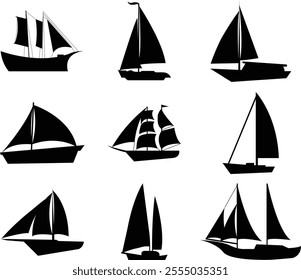 Boat and ship icon set isolated on transparent background flat style stock vector collection. Artwork of cruise brig, sailboat yacht ferry trawler speedboat jet for water transportation