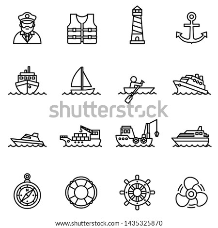 boat and ship icon set with white background. Thin line style stock vector.
