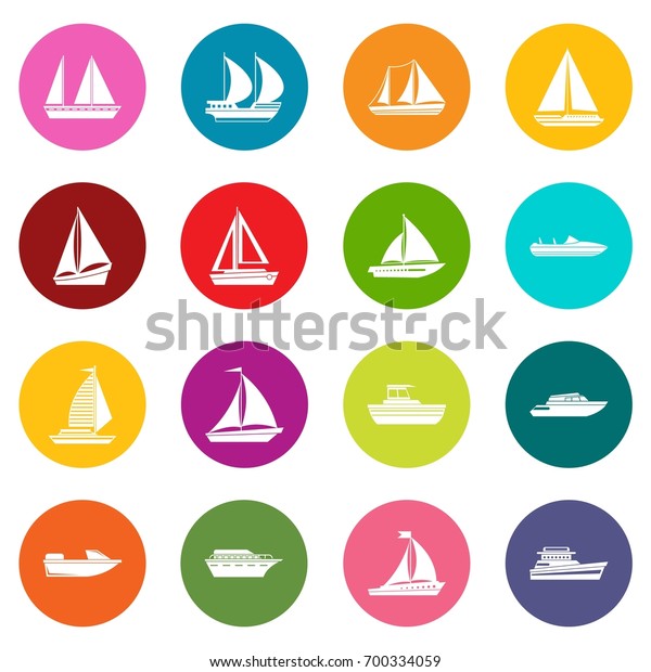 Boat and ship icons many colors set isolated on\
white for digital\
marketing