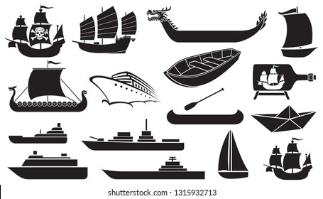 Boat and ship icons set (cruise, canoe, ocean liner, Chinese junk - Asian boat, stylized yacht)