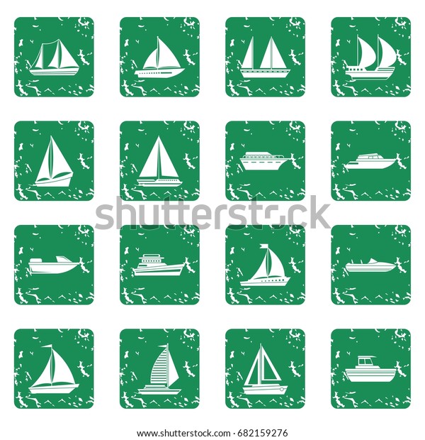 Boat and ship icons set in grunge style\
green isolated vector\
illustration