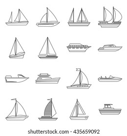 Boat And Ship Icons Set Outline. Yachts And Sail Thin Line Vector Illustration