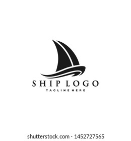 Boat and ship logo. Shilouete sail boat logo. Ship and sea wave logotype Vector.