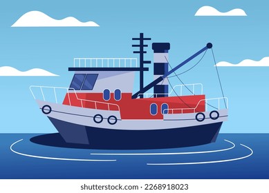 Barco o barco en la ilustración plana del paisaje marino