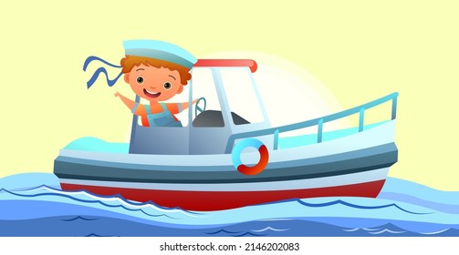 Boat ship. Seascape landscape. Boy kid little captain. Cartoon style illustration. Cute childish. Image background. Vector.