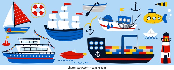 Boat and ship set. Cartoon hand drawn colorful sail childish collection, sailing yacht, sailboat and submarine, lifebuoy and anchor, kids design elements. Baby adventure and travel vector isolated set