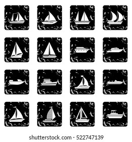 Boat and ship set icons in grunge style isolated on white background. Vector illustration