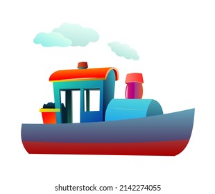 Boat ship. Steam engine. Cartoon style illustration. Cute childish. Isolated on white background. Vector.