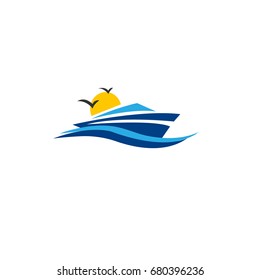 boat ship vector on sea wave. illustration of moving boat on water in sunset.