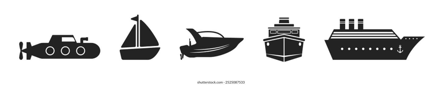 Boat, ship, yacht and submarine for sea travel and transportation icons. 