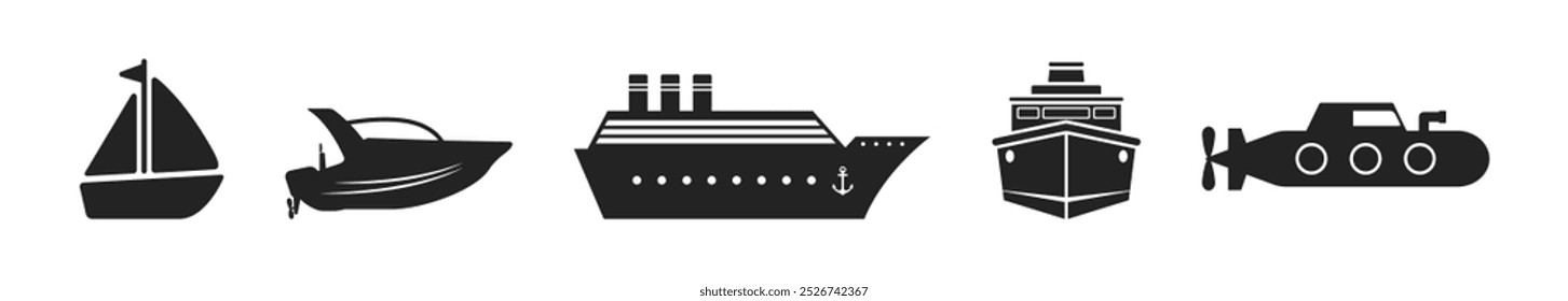 Boat, ship, yacht and submarine for sea travel and transportation icons. 