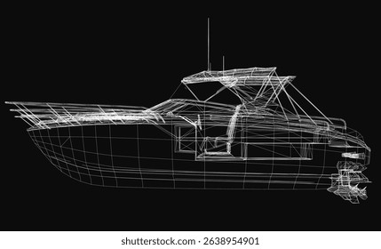 A boat is shown in black and white with a white outline. The boat is a small motor boat with a white motor