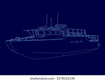 Boat is shown in a blue background. The boat is a large boat with a motor. The boat is shown in a blue drawing