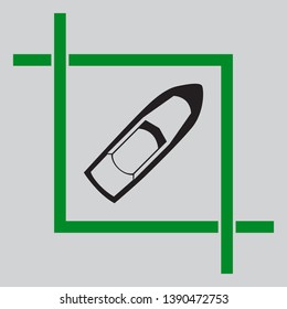 Boat sign. Black icon inside green crop tool at light gray background
