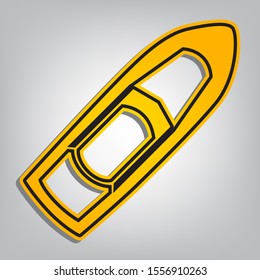 Boat sign. Flat orange icon with overlapping linear black icon with gray shadow at whitish background. Illustration.