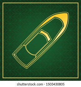 Boat sign. Golden icon with gold contour at dark green gridded  background. Illustration.