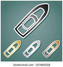 Boat sign. Set of metallic Icons with gray, gold, silver and bronze gradient with white contour and shadow at viridan background. Illustration.