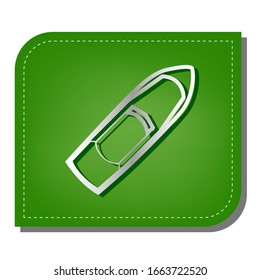 Boat sign. Silver gradient line icon with dark green shadow at ecological patched green leaf. Illustration.