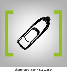 Boat sign. Vector. Black scribble icon in citron brackets on grayish background.