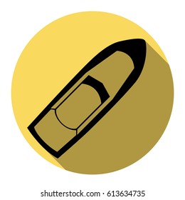 Boat sign. Vector. Flat black icon with flat shadow on royal yellow circle with white background. Isolated.