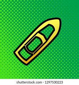Boat sign. Vector. Pop art orange to yellow dots-gradient icon with black contour at greenish background.