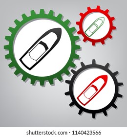 Boat sign. Vector. Three connected gears with icons at grayish background.