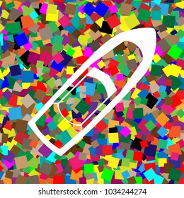 Boat sign. Vector. White icon on colorful background with seamless pattern from squares.