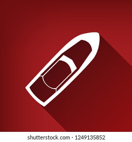 Boat sign. Vector. White icon with limitless shadow at ruby red background.