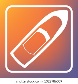 Boat sign. Vector. White icon on transparent button at orange-violet gradient background.
