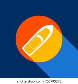 Boat sign. Vector. White icon on tangelo circle with infinite shadow of light at cool black background. Selective yellow and bright navy blue are produced.
