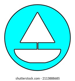Boat sign. White shape in blue circle. Sea background. Cartoon style. Flat design. Vector illustration. Stock image.