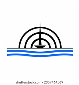 Boat silhouette illustration logo design with rainbow and waves background.