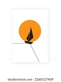 Boat silhouette on sunset falling down, vector. Minimalist poster design with simple lines.