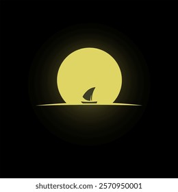 A boat silhouette with a yellow moon in the background